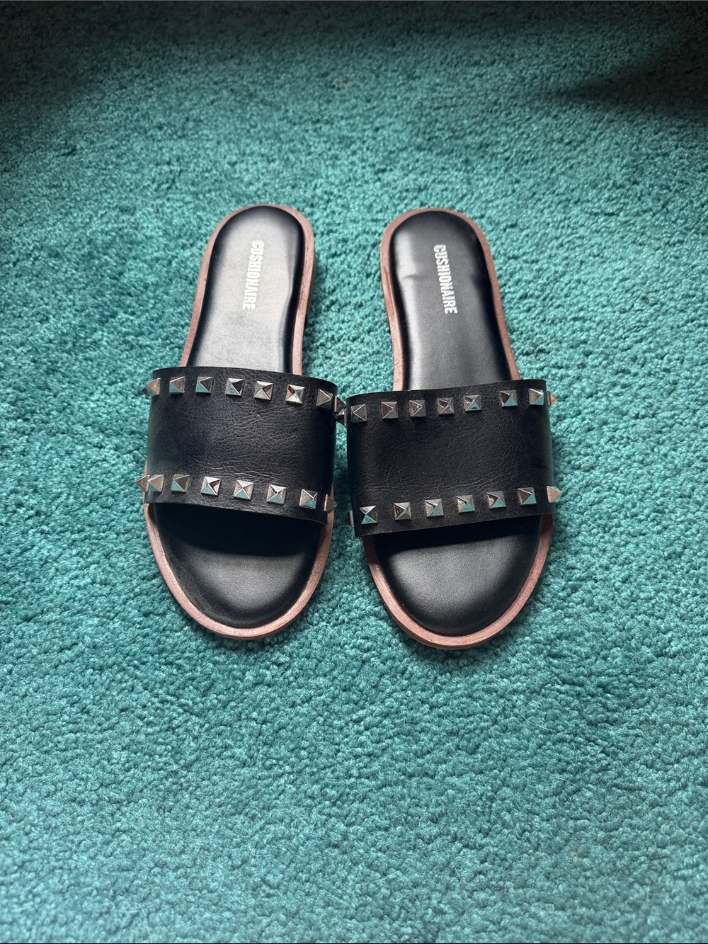 Black Studded Slide Sandals by Cushionaire - Sleek Slip-On